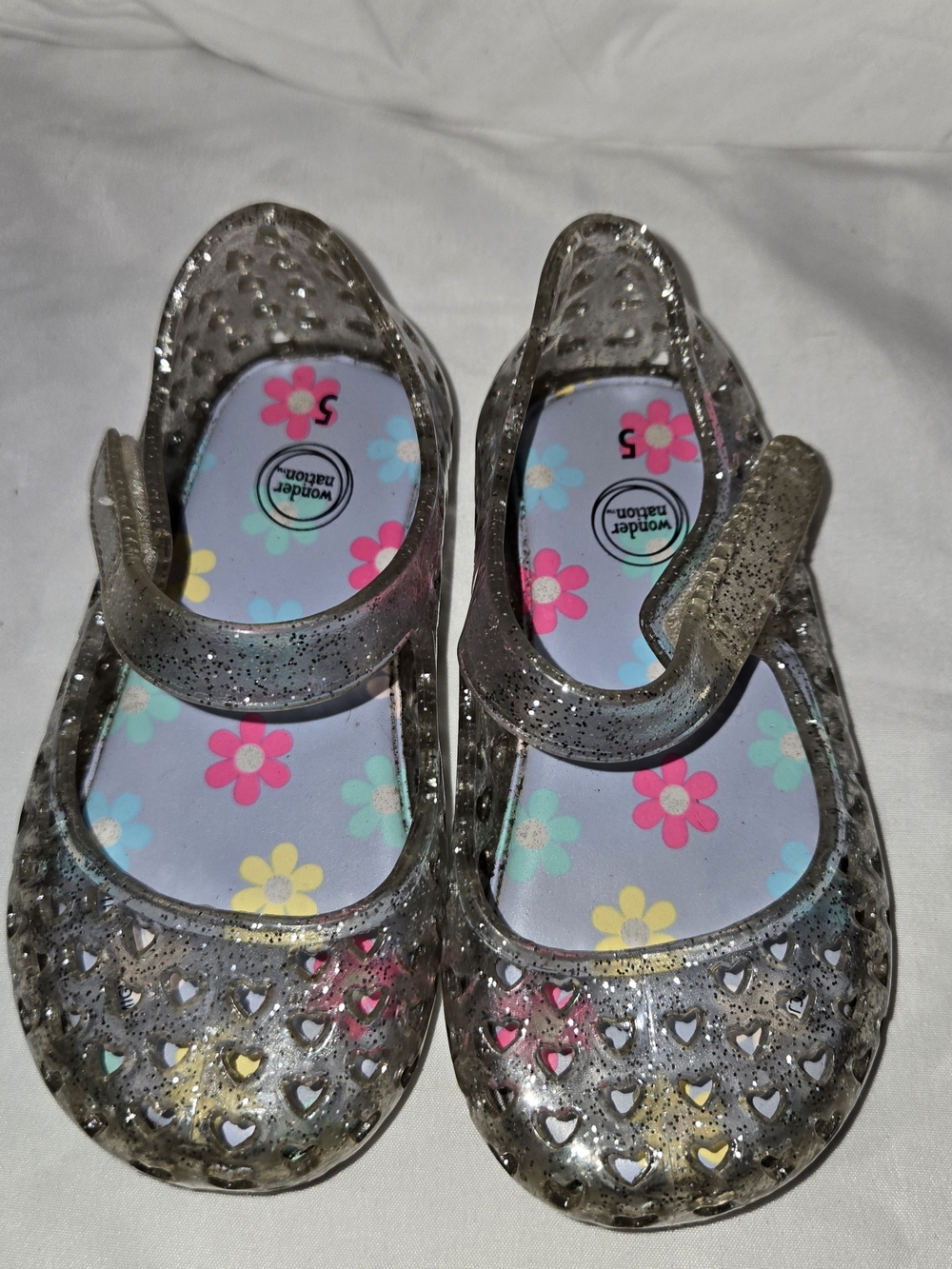 Wonder Nation Silver Glitter Jelly Mary Jane Sandals with Floral Insole SZ 5